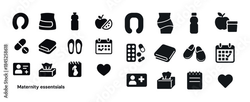Maternity essentials icons: health, calendar, vitamins, nutritio