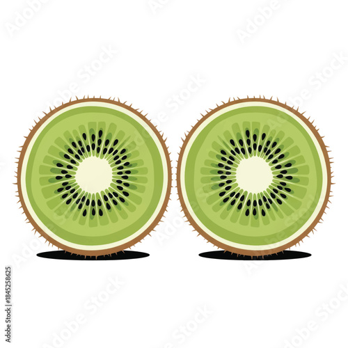 Two freshly cut kiwifruit halves showcasing bright green flesh and tiny seeds.