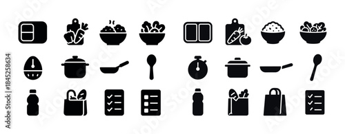 Collection of cooking and grocery icons including utensils and f