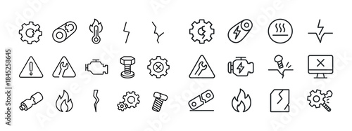 Collection of black line mechanical and warning icons including