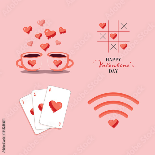 A Valentine's Day set with love card icons, paired cocoa cups, and hearts. A fun pastime for two lovers.