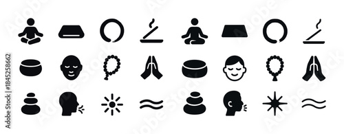 Meditation icons: yoga, relaxation, mindfulness symbols includin