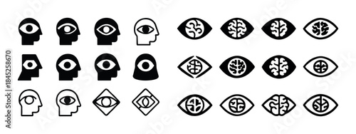 Abstract human heads with eye and brain icon patterns in black a
