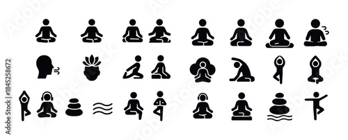 Yoga and meditation icon set: poses, breathing, relaxation symbo