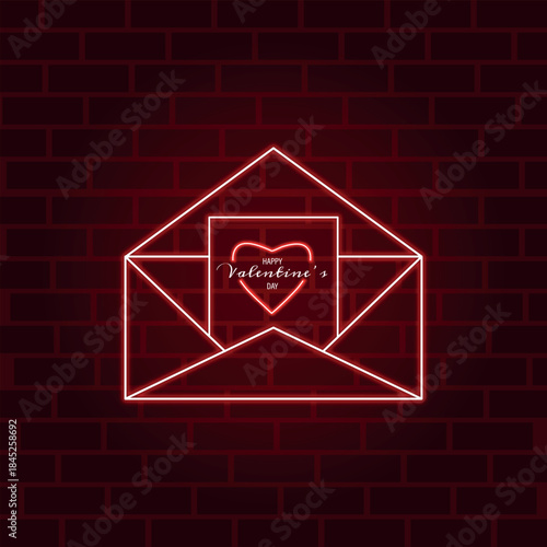 A glowing neon envelope with a March 8 icon, isolated on a dark red brick background. Message of love. Letter about love and romance. International Women's Day. Vector.