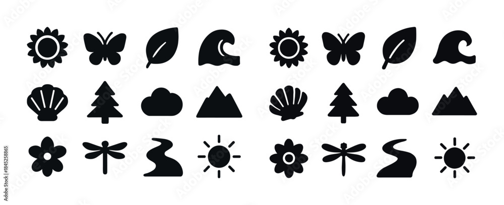 Fototapeta premium Set of nature icons: sunflower, butterfly, leaf, wave, shell, tr