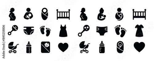 Baby and parenting icons set: pregnancy, newborn, crib, stroller