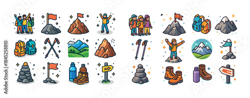 Colorful hiking icons collection featuring gear, mountains, and