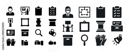 Museum icon set: art, exhibition, and security symbols in black