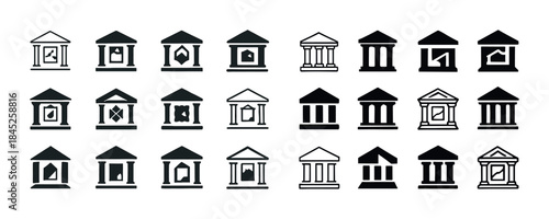 Set of 24 monochrome bank icons with various architectural desig