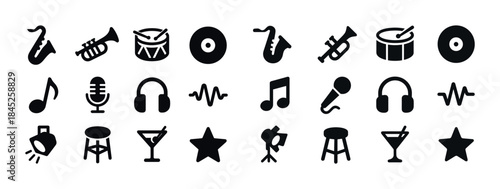 Music icon set: instruments, microphones, notes, headphones, sta