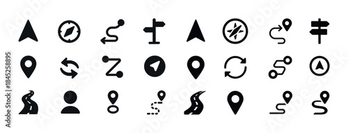 Navigation icons set: arrows, maps, markers, pathways, compass s