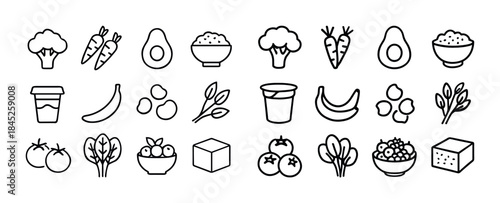 Collection of healthy food icons: vegetables, fruits, and dairy