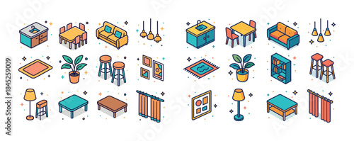 Colorful isometric furniture and decor set with tables, plants,