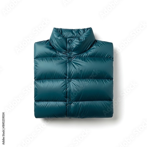 A vibrant teal down puffer jacket, neatly folded into a perfect square. Emphasize the plumpness of the down filling and the slight sheen of the nylon fabric. Isolated white backgkround
