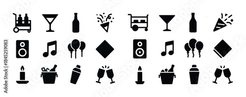 Party icons: drinks, music, celebration symbols on white backgro