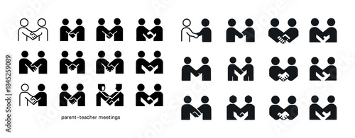Icon set depicting parent-teacher meetings: handshakes and conve
