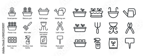 Garden tools and accessories icons: plants, pots, and more