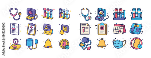 Colorful medical icons set featuring health, diagnostic, and hea
