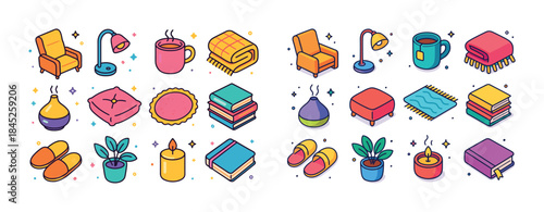 Cozy home elements collection: chairs, lamps, mugs, blankets, cu