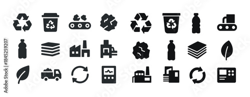 Recycling and sustainability icon set featuring bins, factories,