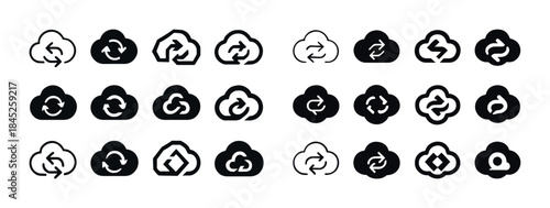 Collection of cloud sync icons with various designs and arrow sy