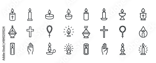 Outline icons of candles crosses and religious symbols