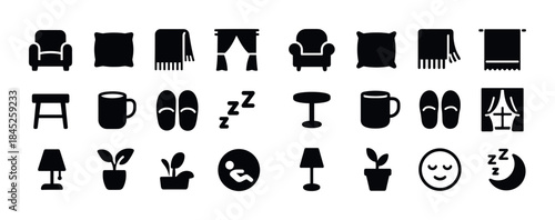 Cozy home icon set: furniture, decor, and relaxation symbols