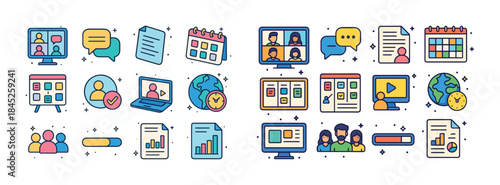 Vector icons of remote work and online collaboration tools with