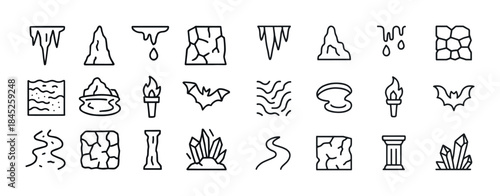 Collection of cave-themed icons featuring stalactites torches an