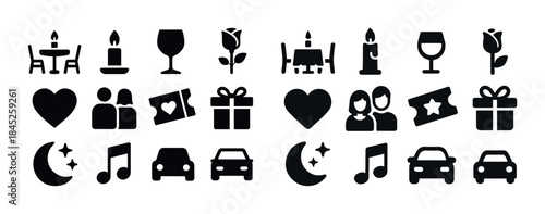 Romantic date night icons set: candlelight dinner, gifts, music,