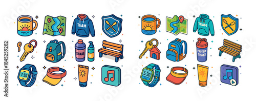 Colorful collection of outdoor and travel essentials in cartoon