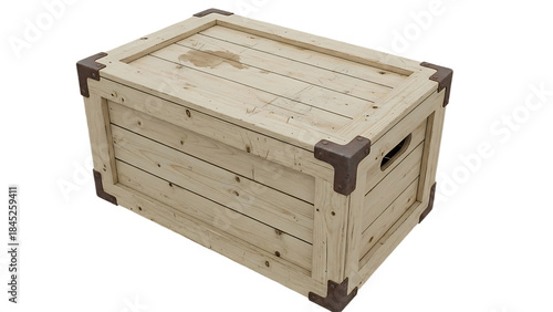 Rustic wooden storage crate with metal corner protectors and handles, vintage box for shipping or organization.
