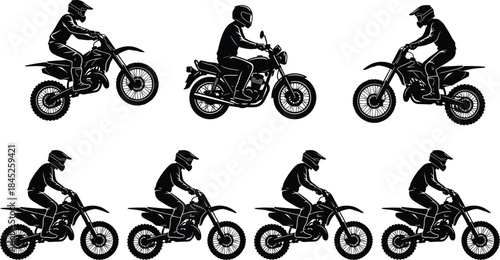 Motorcyclist silhouette icon set, black vector style, dirt bike, street motorcycle, rider pose, helmet, gear, motion, sketch