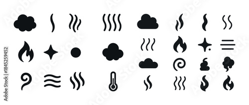 Minimalist weather and temperature icon set with clouds, flames,