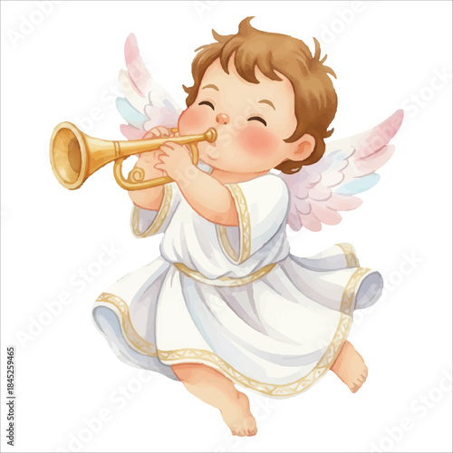 Cute Cupid Angel Playing Trumpet Watercolor Vector Illustration on White Background
