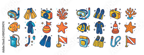 Colorful dive gear and marine icons: snorkel, fins, fish, coral,
