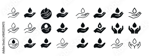 Collection of hand and water drop icons highlighting conservatio