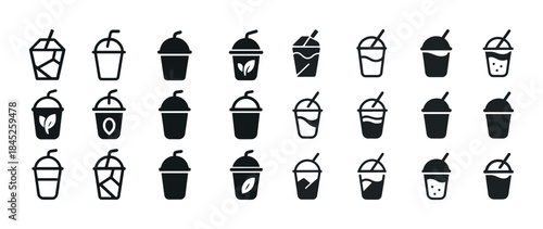 Set of various smoothie icons with straw and lid in black and wh