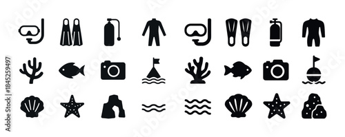 Underwater adventure silhouette icons: snorkeling, diving, marin