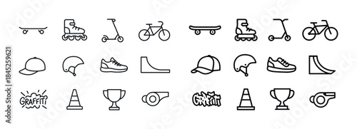 Skate, scooter, and bicycle icons: caps, helmets, and more