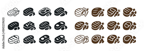 Assorted bread icons: loaves, wheat, rye, wholemeal in black and