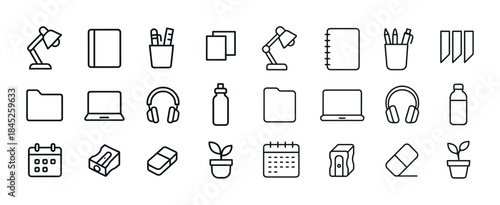 Minimalistic office supplies icons set with lamps, notebooks, an