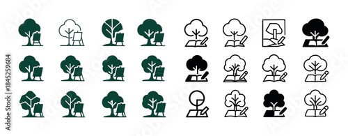 Garden chair tree icons set: nature relaxation illustrations in