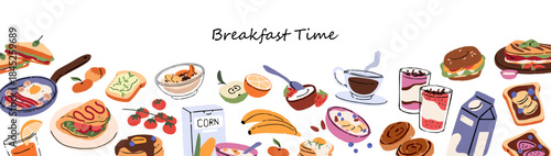 Design of banner with border of different food for breakfast. Template with frame of healthy meals, eating: fried eggs with bacon, toasts, pancakes, cereals, fruit, coffee. Flat vector illustration