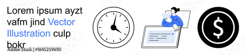 Productivity, time efficiency, financial planning, remote work, online services, economic value. Clock, dollar symbol and person working on a laptop. Productivity and financial planning concept