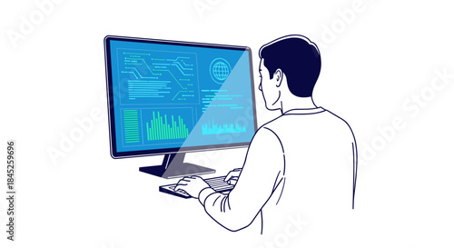 Cybersecurity expert monitoring  on screen in modern style  