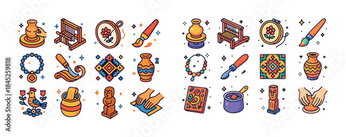 Colorful craft icons featuring pottery, embroidery, and painting