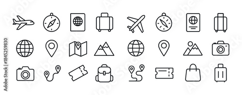 Travel icons collection: airplane, compass, globe, suitcase, cam