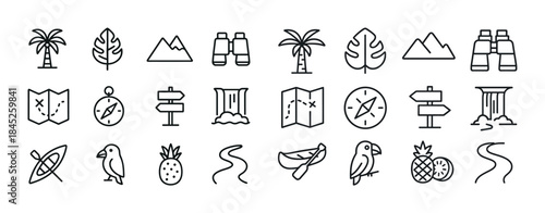 Set of minimalistic adventure and nature line icons including co